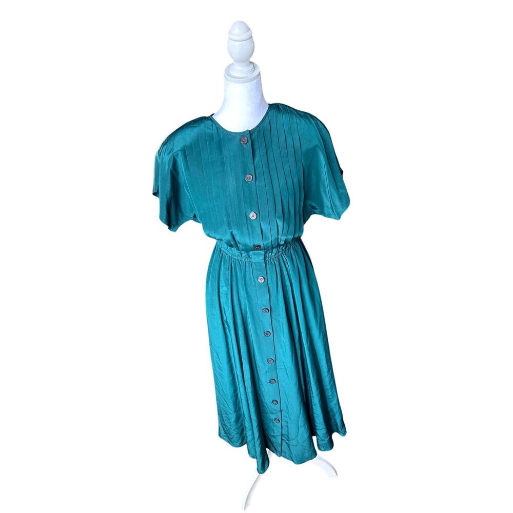 Vintage Bill Geoffrey's Teal Silk Midi Dress Size 6 Pleated Blouson